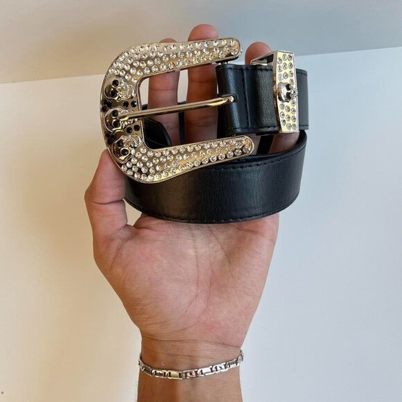 y2k 2000s chrome skull rhinestone black and silver grunge emo belt - Picture 2 of 8